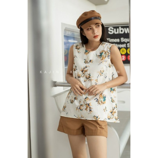 Set áo họa tiết nút bọc lưng kèm short