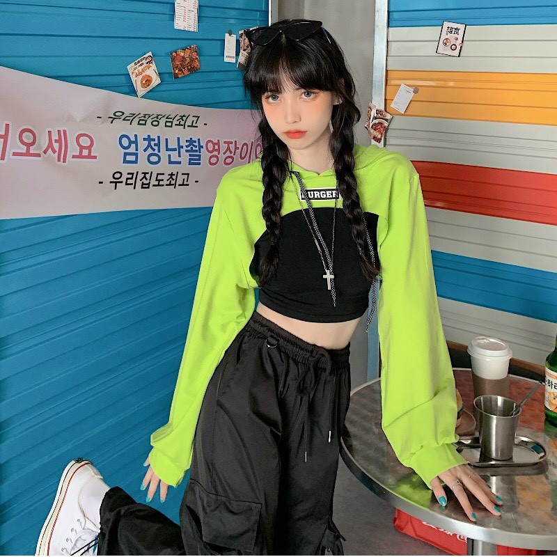 SET 2 MÓN ÁO HOODIE CROPTOP BURGER Cut out Xanh neon Xám Đen + Áo Tanktop Đen ULZZANG