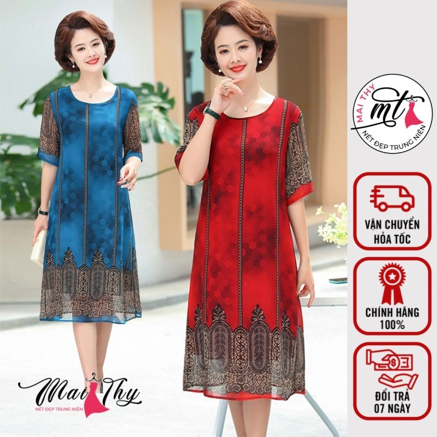 Váy Trung Niên D520, Mẫu Đầm Suông Cho Mẹ Form Rộng Cổ Tròn Tay Lỡ Chất Voan Thổ Cẩm Sang Trọng | Thời Trang Mai Thy U50