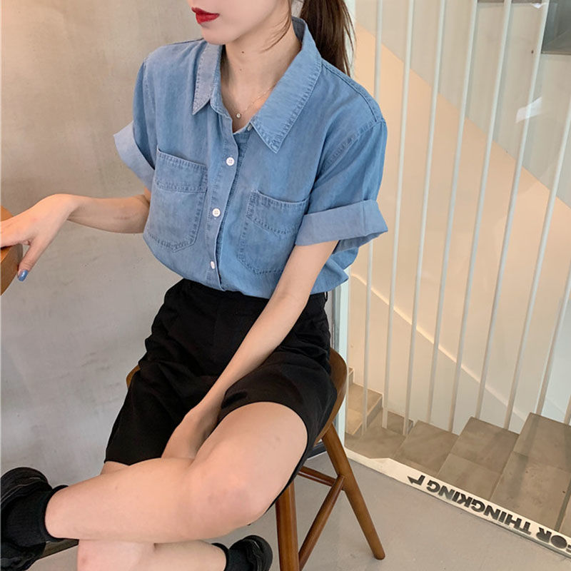 Loose single-breasted polo shirt collar temperament short sleeve denim shirt pocket temperament