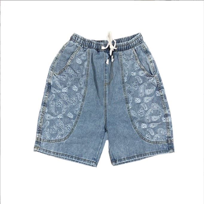 Quần đùi jean nam ống rộng lưng chun màu xanh họa tiết hoa văn 01 Pon.mens