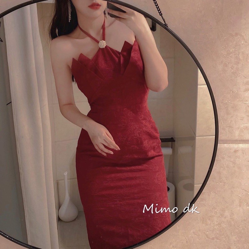 Đầm rượu vang đỏ cổ hoa sen - đầm thiết kế dây cổ đính hoa Ulzzang siêu đẹp sexy sang chảnh ❤️