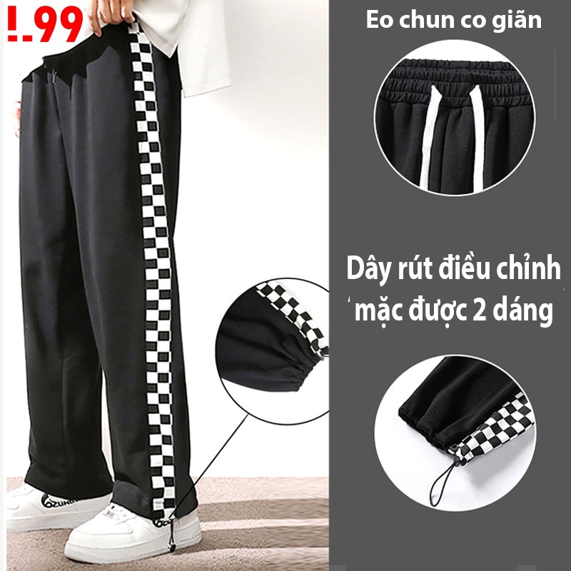 Quần jogger nam nữ unisex họa tiết caro, quần ống rộng phong cách thể thao dây rút điều chỉnh mặc suông &amp; bo gấu. VL1