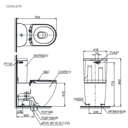 Bồn Cầu TOTO CS761DT5 2 Khối Nắp TC384CVK