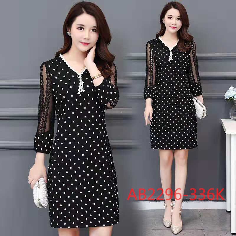 (AB2296) Đầm chấm bi dáng suông tay lưới cổ chữ V siêu sang chảnh