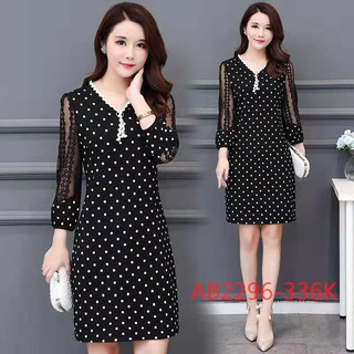 (AB2296) Đầm chấm bi dáng suông tay lưới cổ chữ V siêu sang chảnh