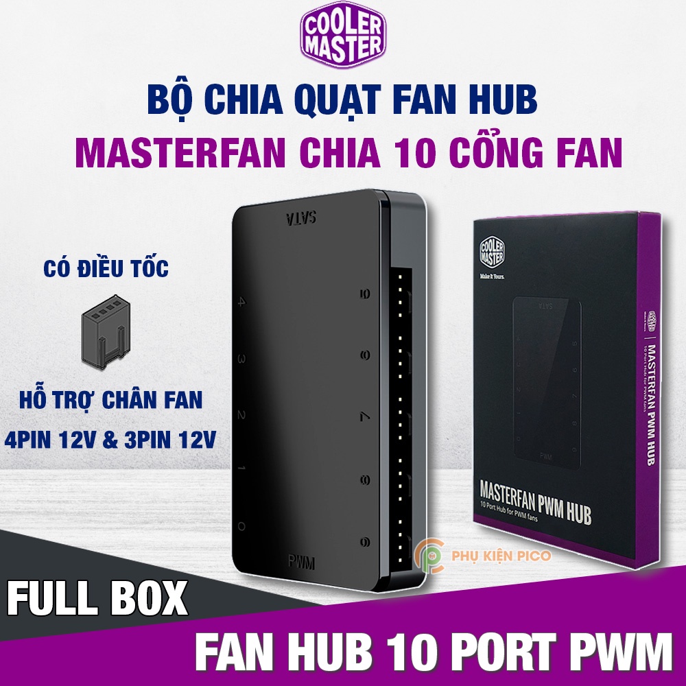 Bộ chia quạt Masterfan PWM Hub chính hãng Cooler Master 10 chân cắm 4 pin, hỗ trợ điều tốc, nguồn SATA