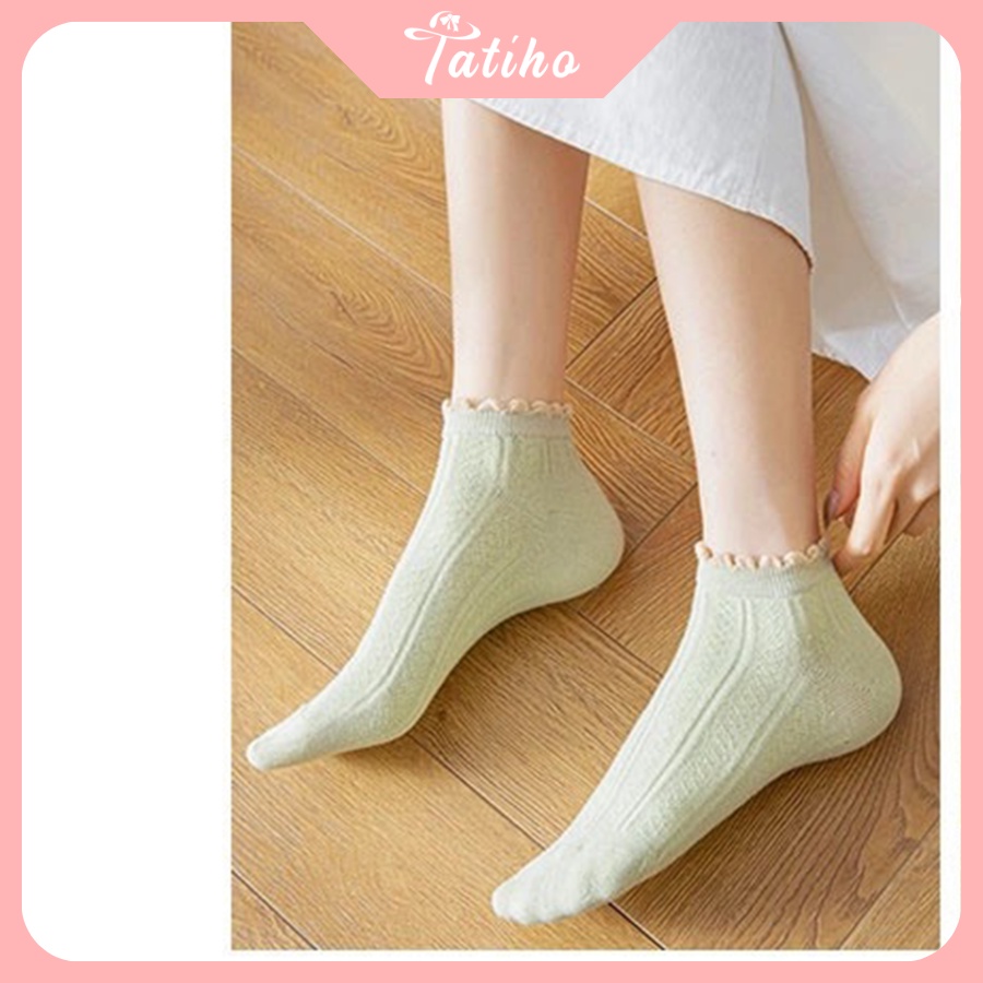 Vớ Tất Nữ Unisex Ren Cổ Thấp Chất Cotton Dày Dặn Họa Tiết Trơn Phối Cổ Nhúng Bèo Phong Cách Basic Thời Trang - Mã TV008