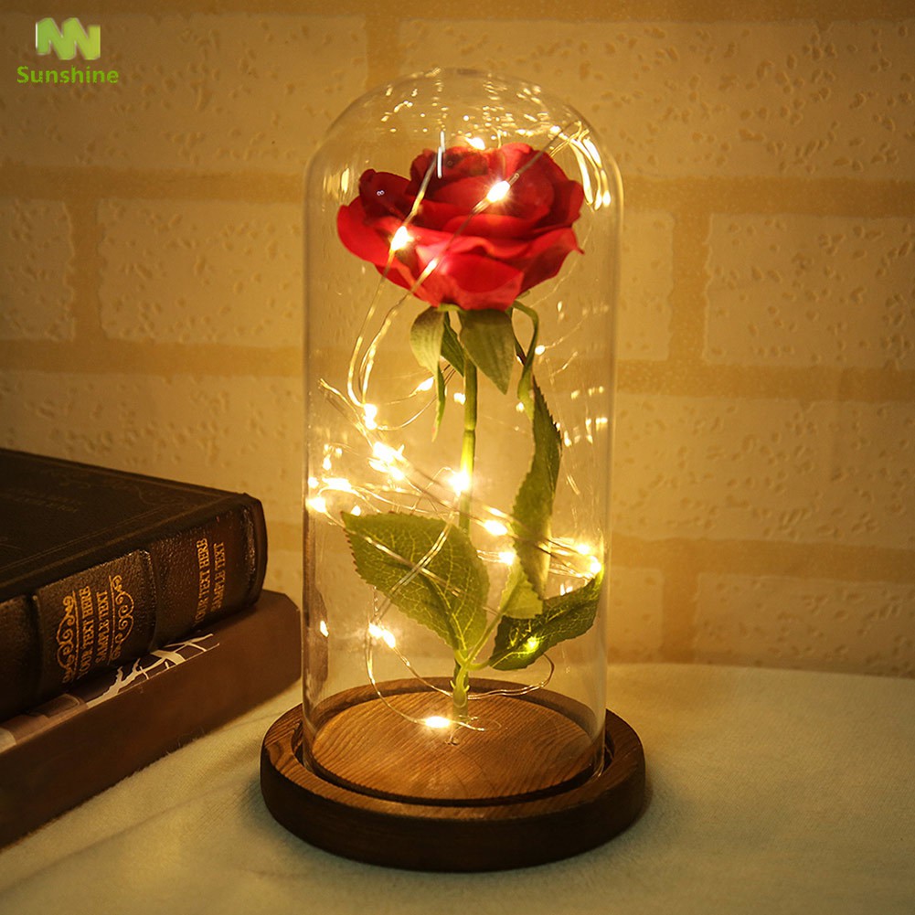 ♥♣♥ Artificial Rose Flowers Ornaments LED Lights in Glass Dome Home Christmas Decoration Gifts