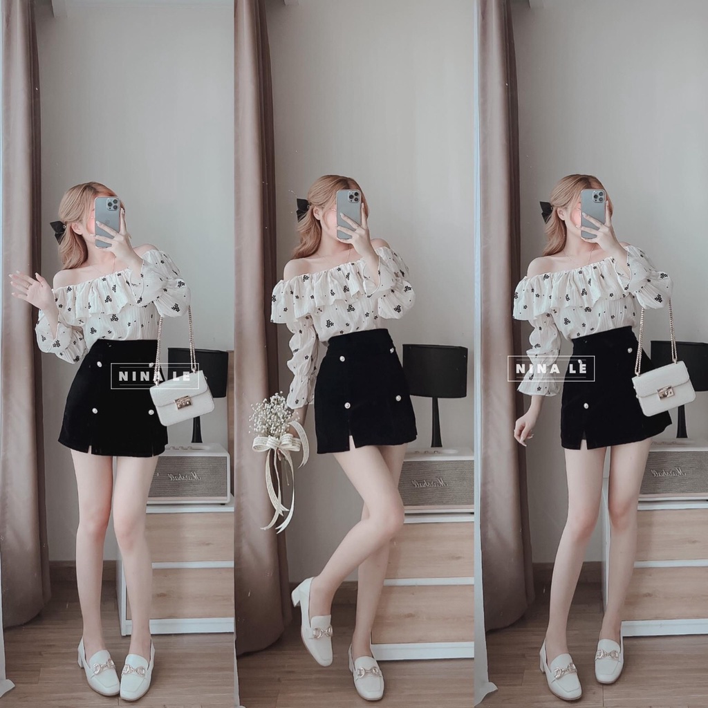 Áo trễ vai hoa nhí đũi nhăn dáng tay dài kèm ảnh thật