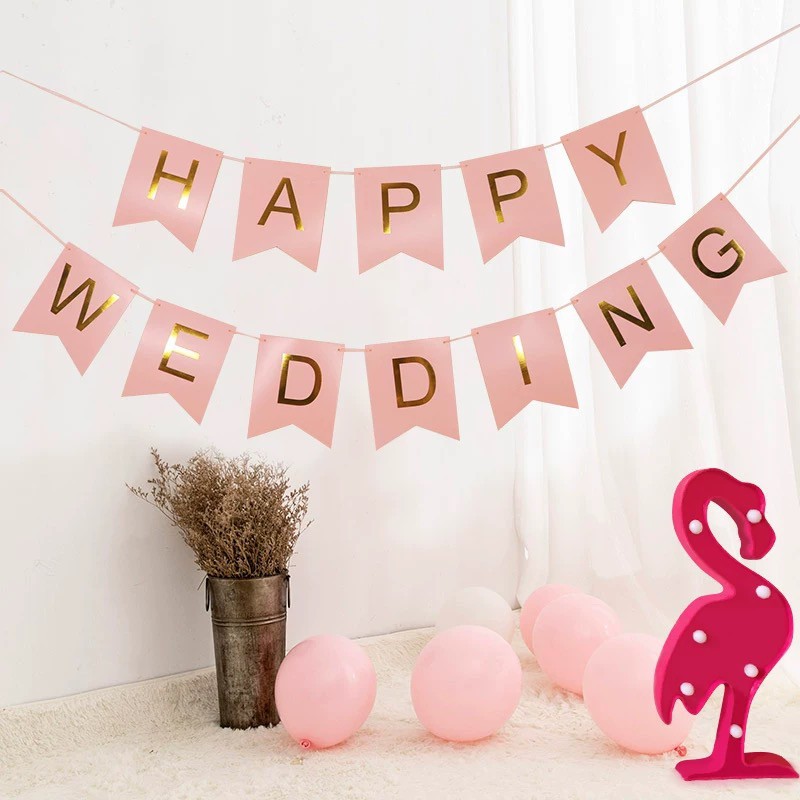 Dây cờ chữ Happy Wedding ánh kim trang trí phòng cưới