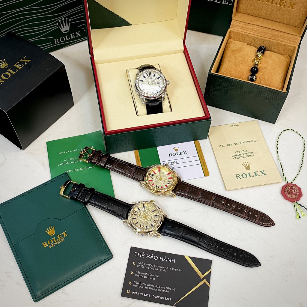 [Fullboxx 1:1] Đồng hồ nam Rolex đính đá full box dây da - bảo hành 12 tháng