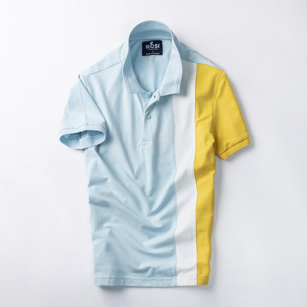 Áo thun nam cao cấp Rosi PL01 cổ polo tay bo ngắn,vải cotton cá sấu phối màu xanh vàng,dáng ôm (Slimfit) trẻ trung. | BigBuy360 - bigbuy360.vn