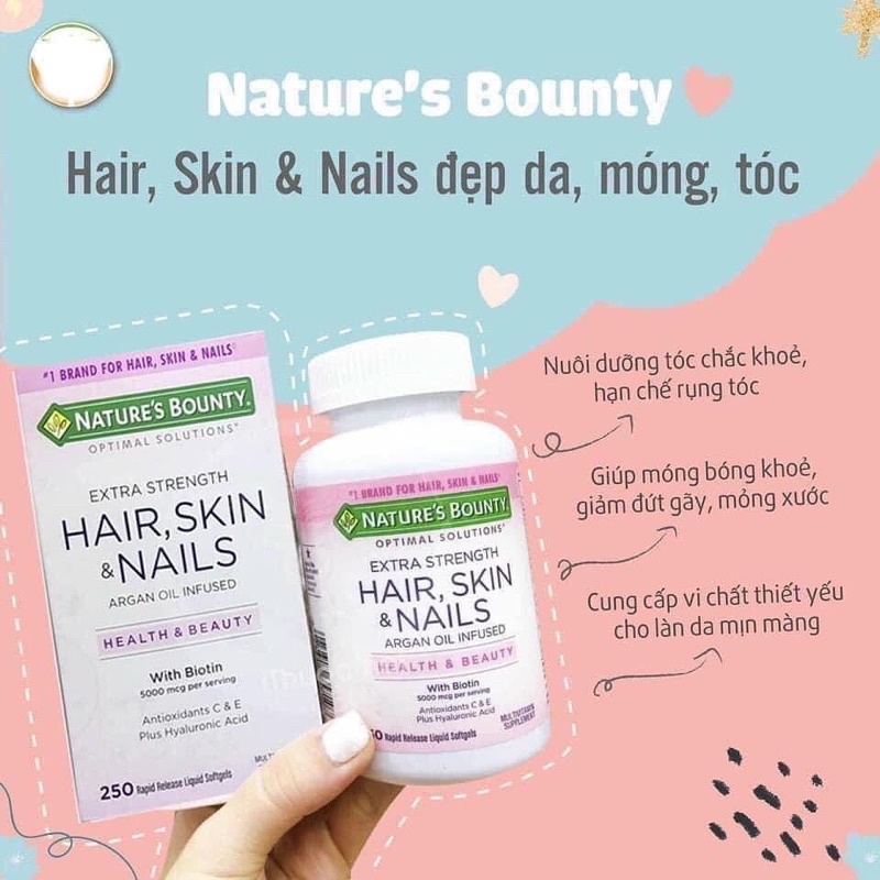 Viên uống mọc tóc, đẹp da, khoẻ móng NATURE’S BOUNTY HAIR, SKIN & NAILS 250 viên