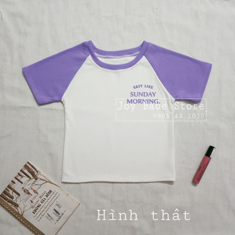 Áo thun croptop raplang  in chữ sắc nét, sớ vải mềm đẹp  crop cổ tròn xinh tím trắng hồng phối 2 màu chất CRON 92 -4B