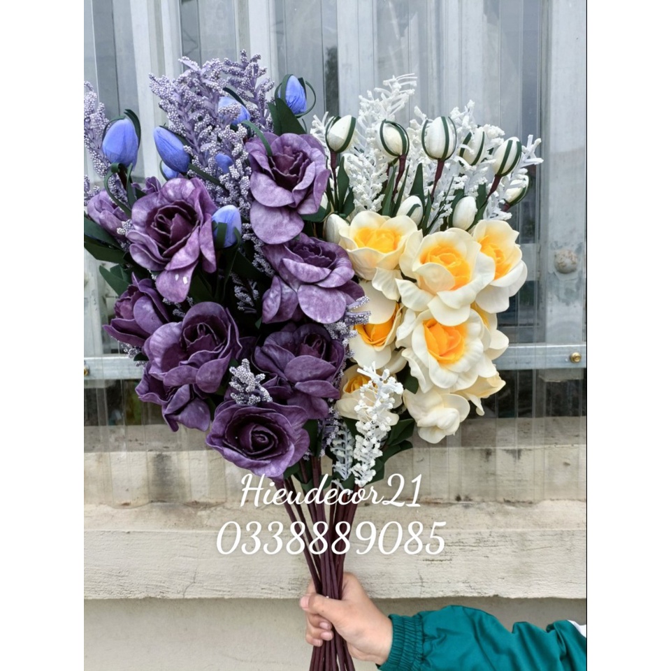 (Ảnh Thật) Hoa giả - Hoa hồng xốp trang trí màu đẹp (tím - vàng) siêu sang - cành 65cm