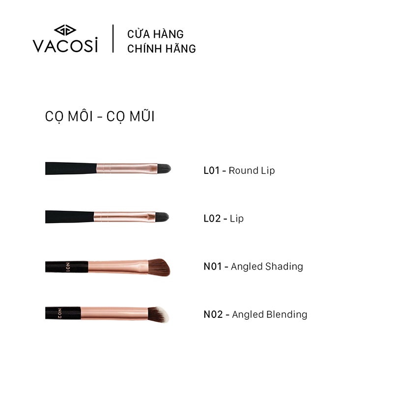 Cọ Môi VACOSI Round Lip Brush - Nắp Đậy, Túi 1 cây - L01 vỏ vàng / L02 Vỏ Trắng