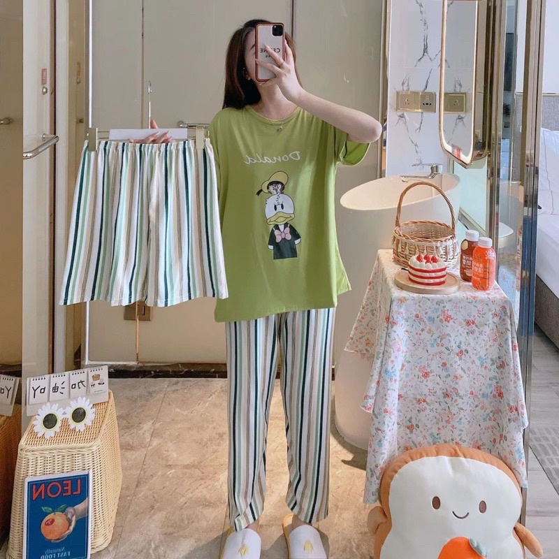 Đồ bộ mặc nhà 2 quần, Bộ thun Quảng Châu tay ngắn quần dài , set 3 món tay cộc, Ship Hoả Tốc trong 30’