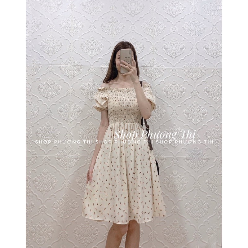 [Mã FAGET5K giảm 5K đơn 0đ] Váy hoa nhí trễ vai chun ngực mặc 2 kiểu (hình thật/sẵn/video)) | BigBuy360 - bigbuy360.vn