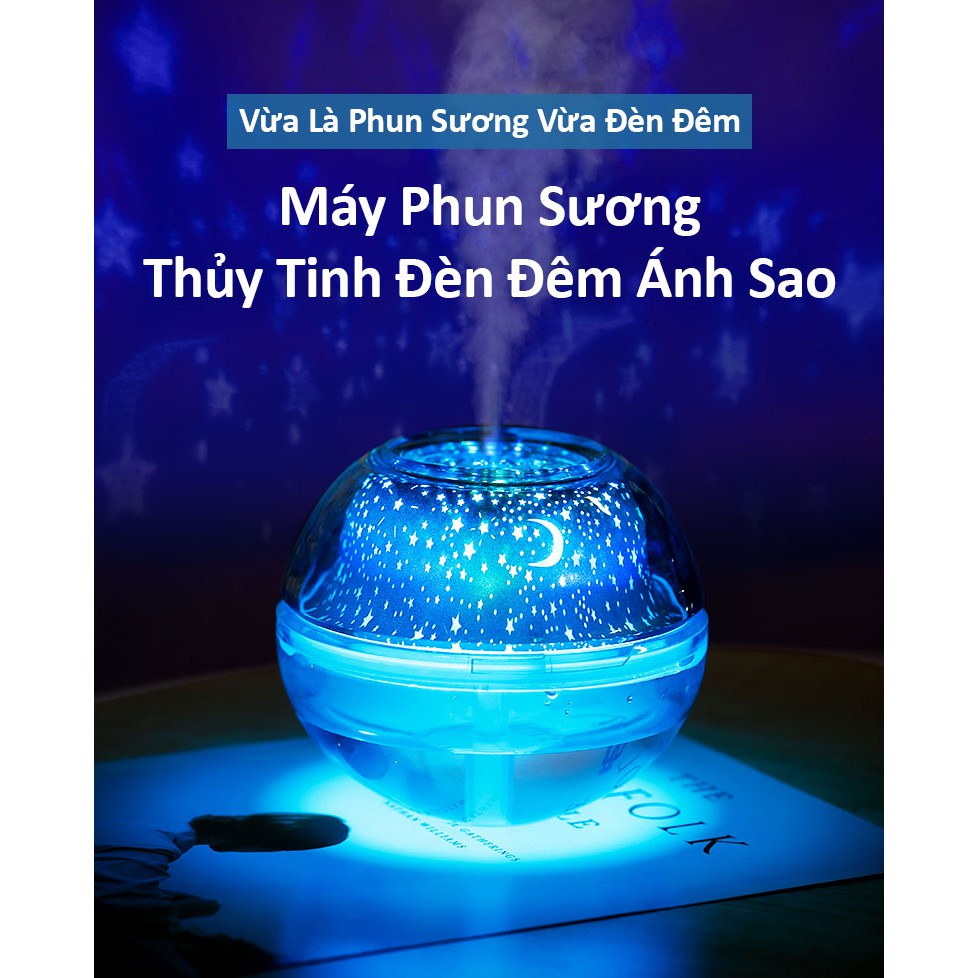 Máy Phun Sương Máy Tạo Ẩm Trong Suốt Đèn Đêm Ánh Sao Đa Sắc Màu Vần Trăng Khuyết Dung Tích Lớn 500ML Không Gây Ồn Ion Âm