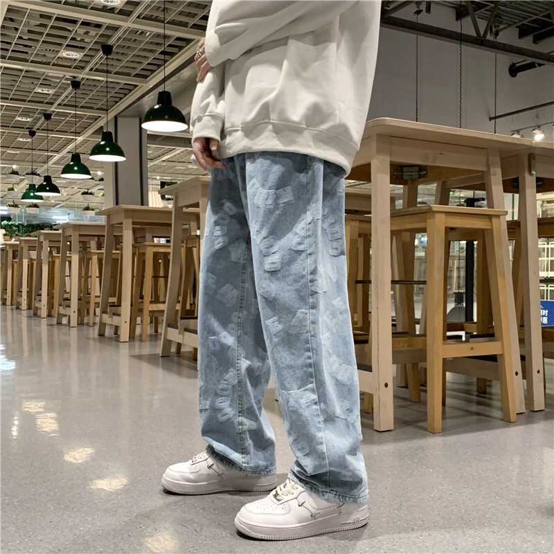 Quần jean nam ống rộng dáng đứng phối hoạ tiết phong cách hàn quốc