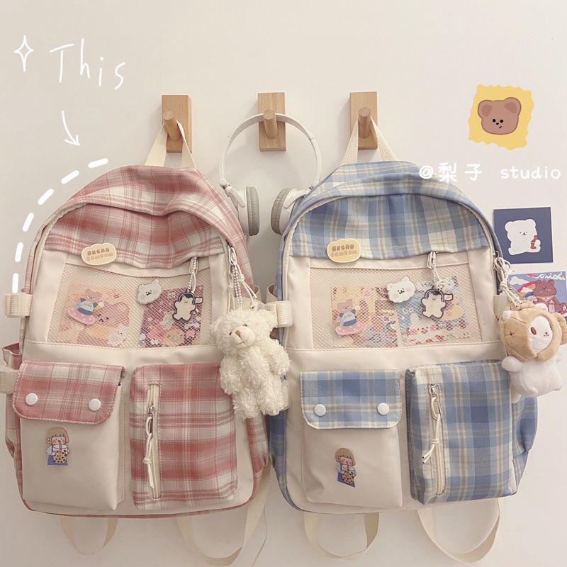 Cặp học sinh nữ phiên bản Hàn Quốc Harajuku ulzzang học sinh trung học đại học học sinh trung học cơ sở kẻ sọc in ba lô