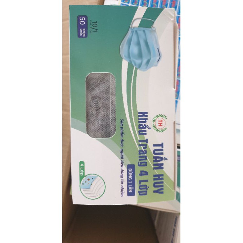 Khẩu trang hộp bốn lớp Tuấn Huy hộp 50 cái có bốn màu xanh xám trắng đen