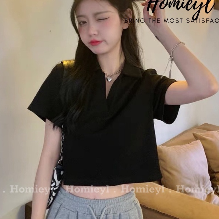 Áo croptop nữ cổ polo V dáng vừa tay ngắn Homieyl cao cấp màu đen trắng đi chơi, đi làm