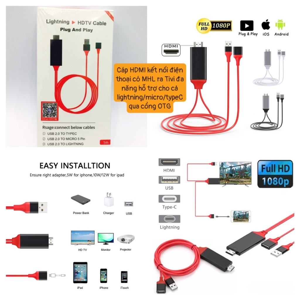 Dây tín hiệu ĐA NĂNG các loại ĐIỆN THOẠI micro usb type c XUẤT HÌNH ẢNH ÂM THANH sang tivi TV máy chiếu HDMI IPHONE