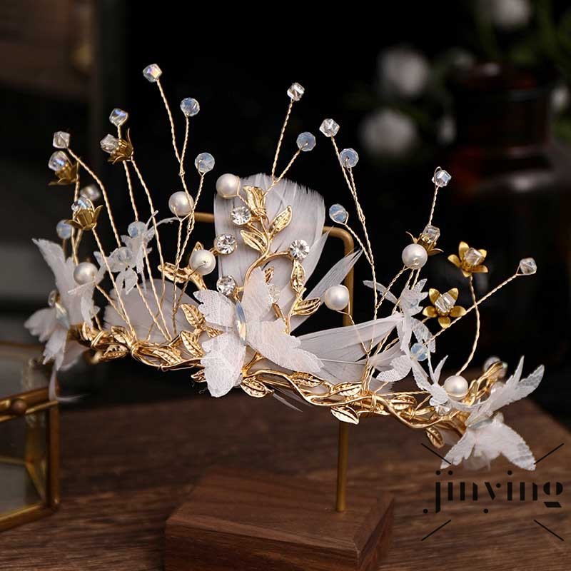 GETNOIVAS Vương miện cài tóc đính lông vũ và ngọc trai handmade dành cho cô dâu trong tiệc cưới
