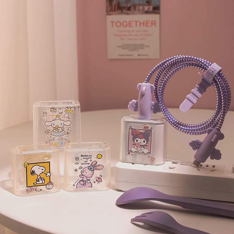 Vỏ Bọc Bảo Vệ Dây Cáp Sạc iPhone Màu Huỳnh Quang Trong Suốt Họa Tiết Hoạt Hình Dễ Thương