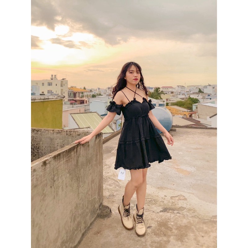 Đầm babydoll đan dây đen