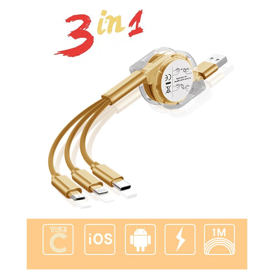 Cáp sạc 3 đầu dây rút tiện lợi 3 in 1 - Micro - Type c - Lightning