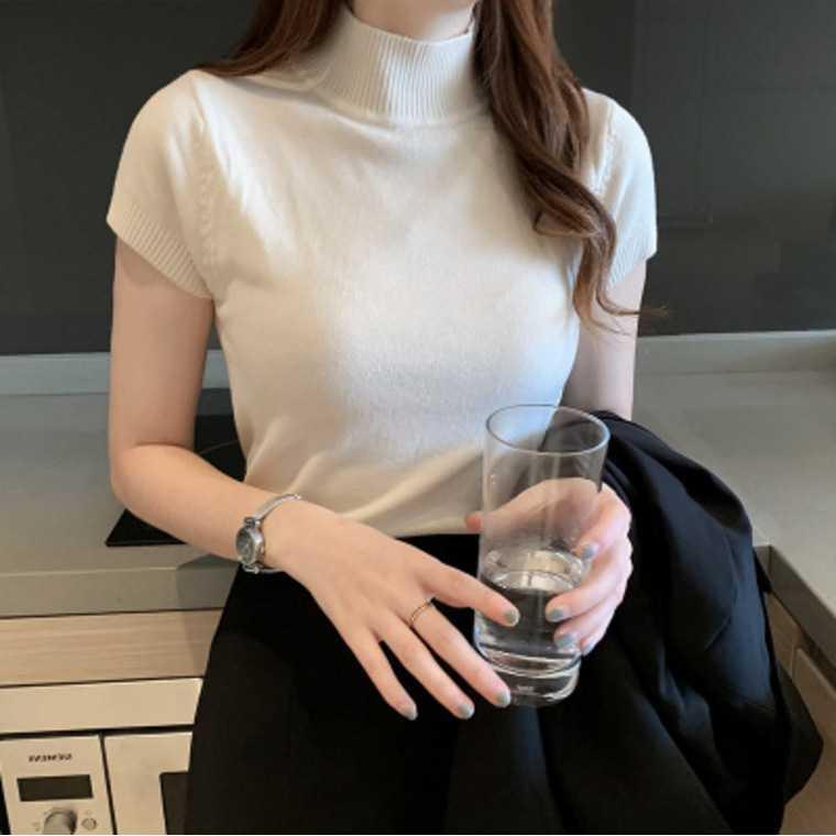 Áo thun dệt kim SUXI tay ngắn dáng ôm màu trơn phong cách vintage dành cho nữ