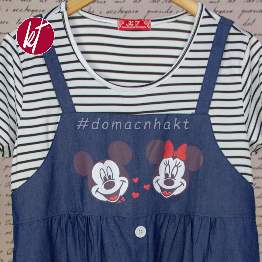 Đầm bầu công sở thiết kế dáng dài jean hình in Mickey & Minnie đẹp | DB039405 | Freesize <72kg | shop đồ bầu DOMACNHAKT