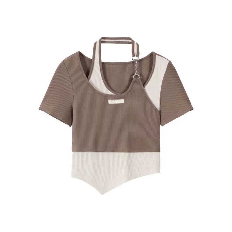 COZOK Áo Thun Tay Ngắn Dáng Ôm Phối Màu Tương Phản Trẻ Trung Phong Cách Hàn Quốc Hợp Thời Trang