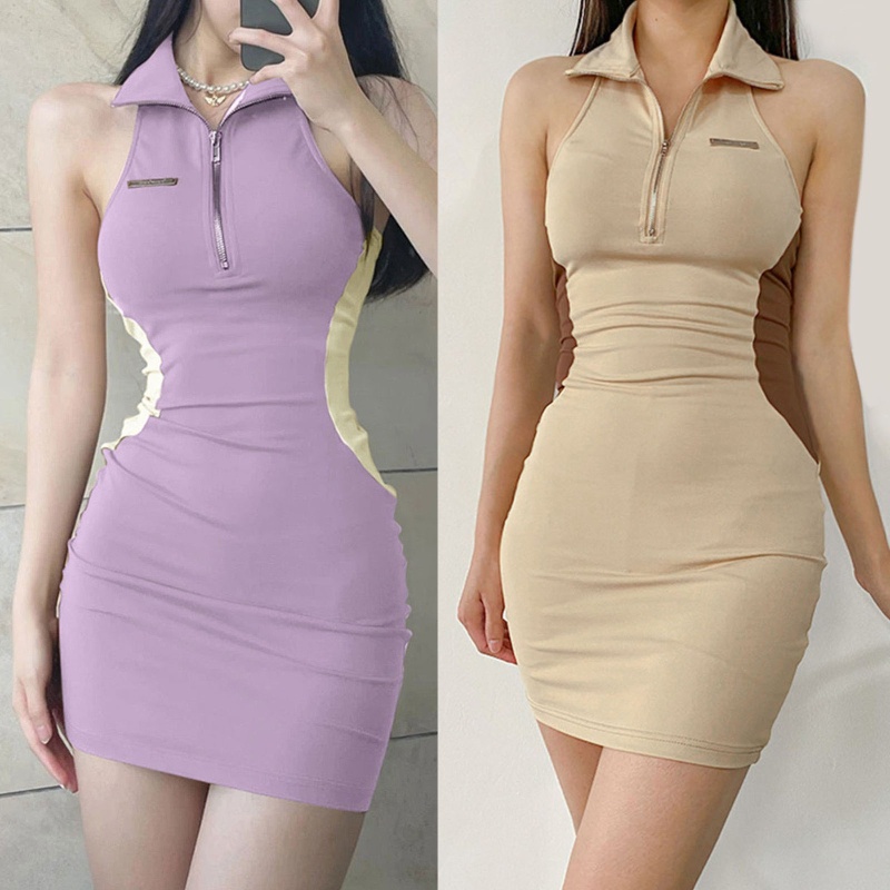 Brroa Đầm Mini Ôm Dáng Không Tay Hở Lưng Có Khóa Kéo Gợi Cảm Cho Nữ