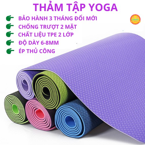 Thảm yoga thảm tập gym tại nhà chống trượt tpe 2 lớp 6-8 mm GADUVI