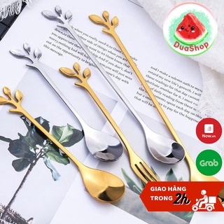 Thìa - Dĩa Mini Cao Cấp Vàng/ Bạc Phủ Bóng Sang Trọng - Thìa Cafe Hình Lá Độc Đáo 🍉Duashop🍉