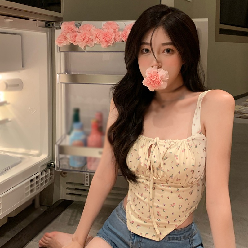 Áo Crop Top Hai Dây Ôm In Họa Tiết Hoa Phong Cách Pháp Ngọt Ngào Cho Nữ