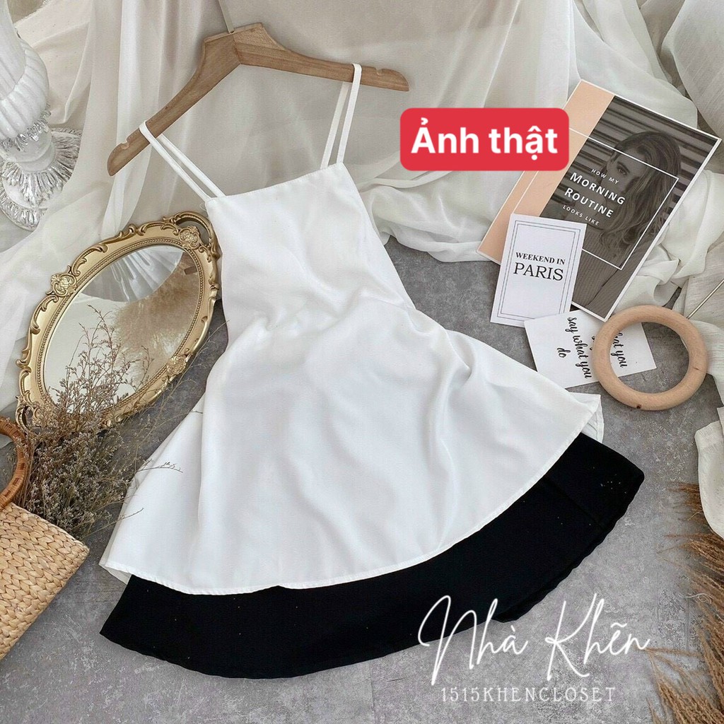 Set áo 2 dây hở lưng chéo trắng chân váy đen xoè
