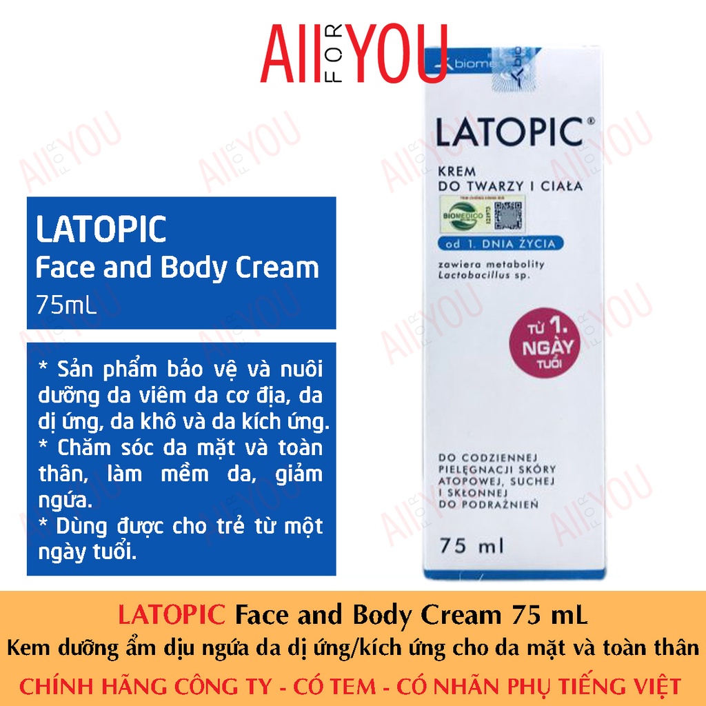 [CHÍNH HÃNG CÓ TEM] LATOPIC Face and Body Cream 75 mL- Kem dưỡng ẩm dịu ngứa da dị ứng /kích ứng cho da mặt và toàn thân