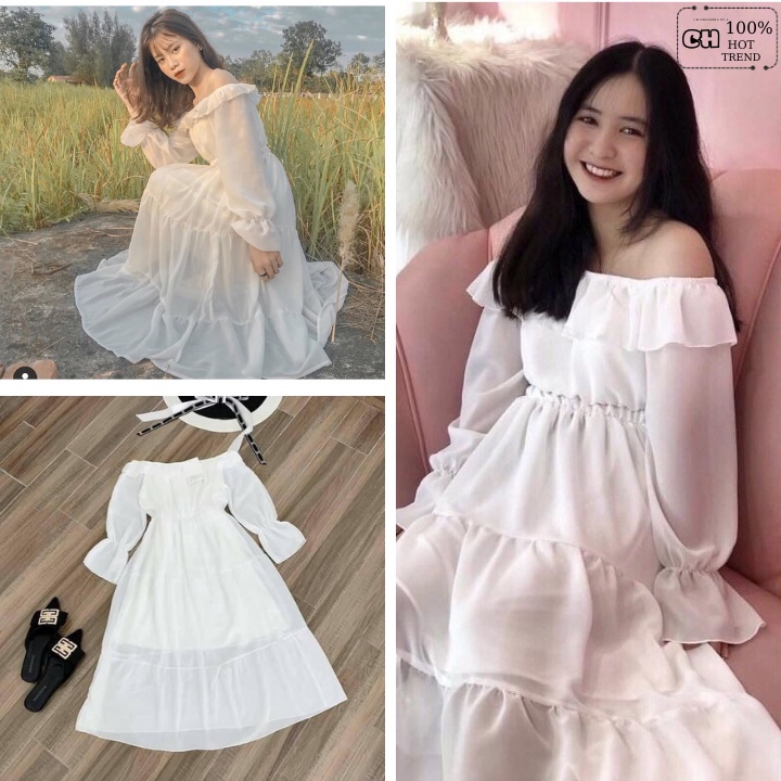 Váy Tiểu Thư Trắng Trễ Vai  Vintage  Màu Trắng -  Thiết Kế ulzzang -  phong cách hàn quốc