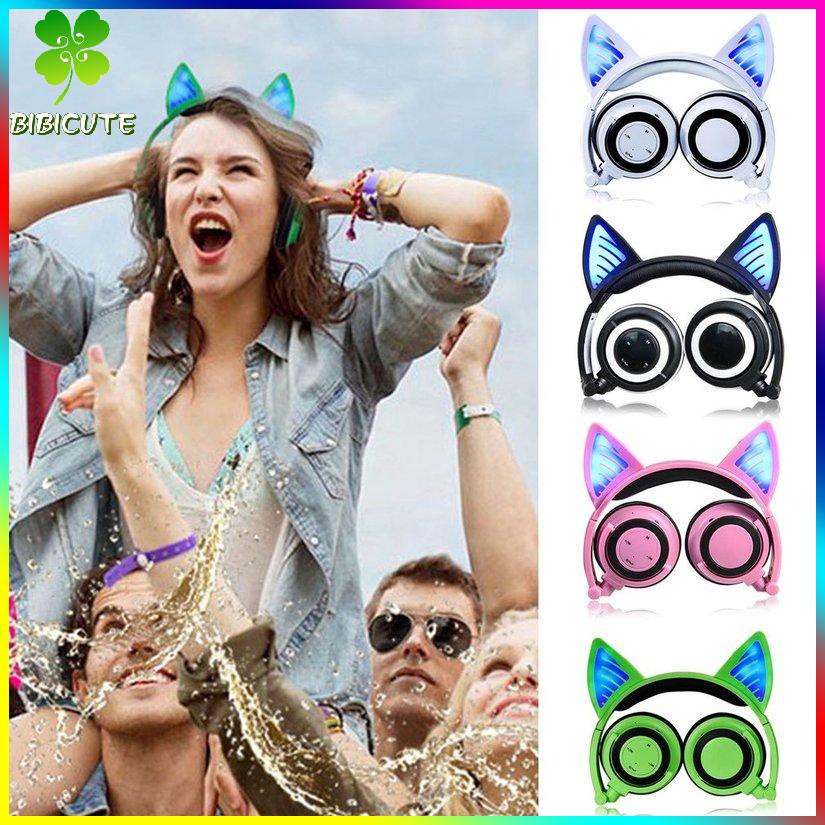 Tai Nghe Chụp Tai Không Dây Hình Tai Mèo Có Thể Gấp Gọn Kèm Mic