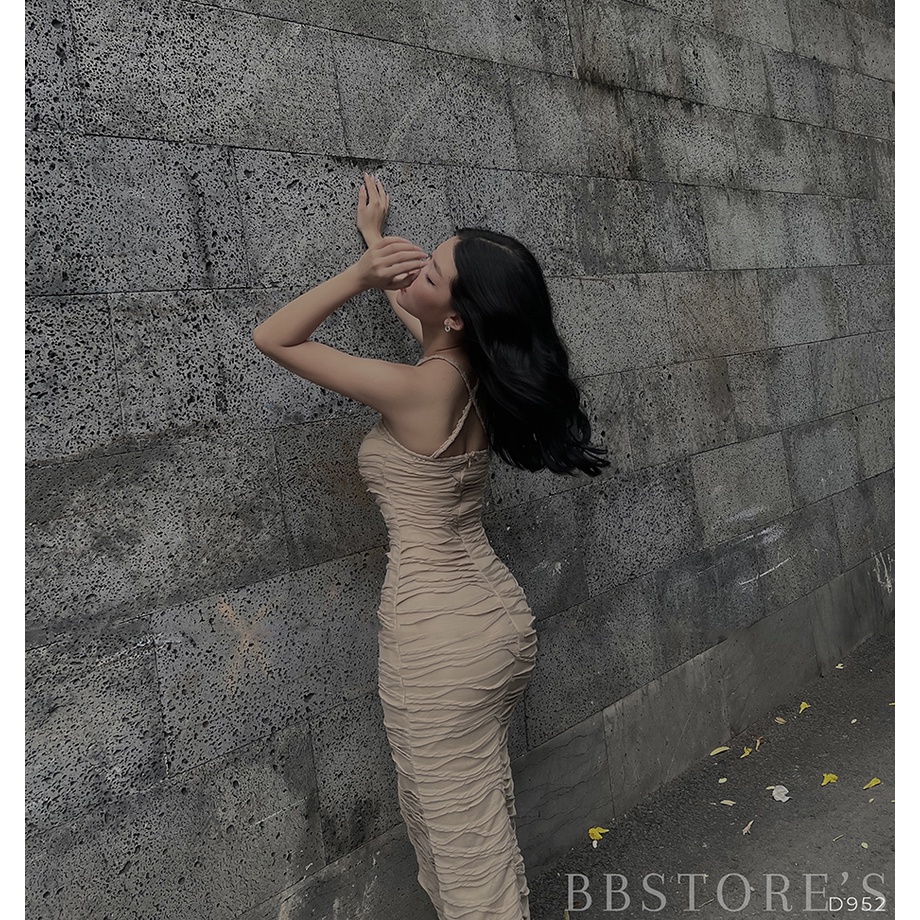 BBSTORE'S Đầm Body Cổ Yếm Xẻ Tà Váy Dài Thun Gợn Sóng Đi Tiệc Siêu Xinh   -D952