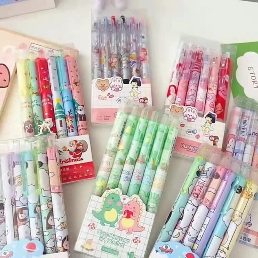 Set 6 Bút Gel bấm hoạt hình ngộ nghĩnh Mực đen 0,5 Pison Hộp bút bi nước mực gel cute văn phòng phẩm