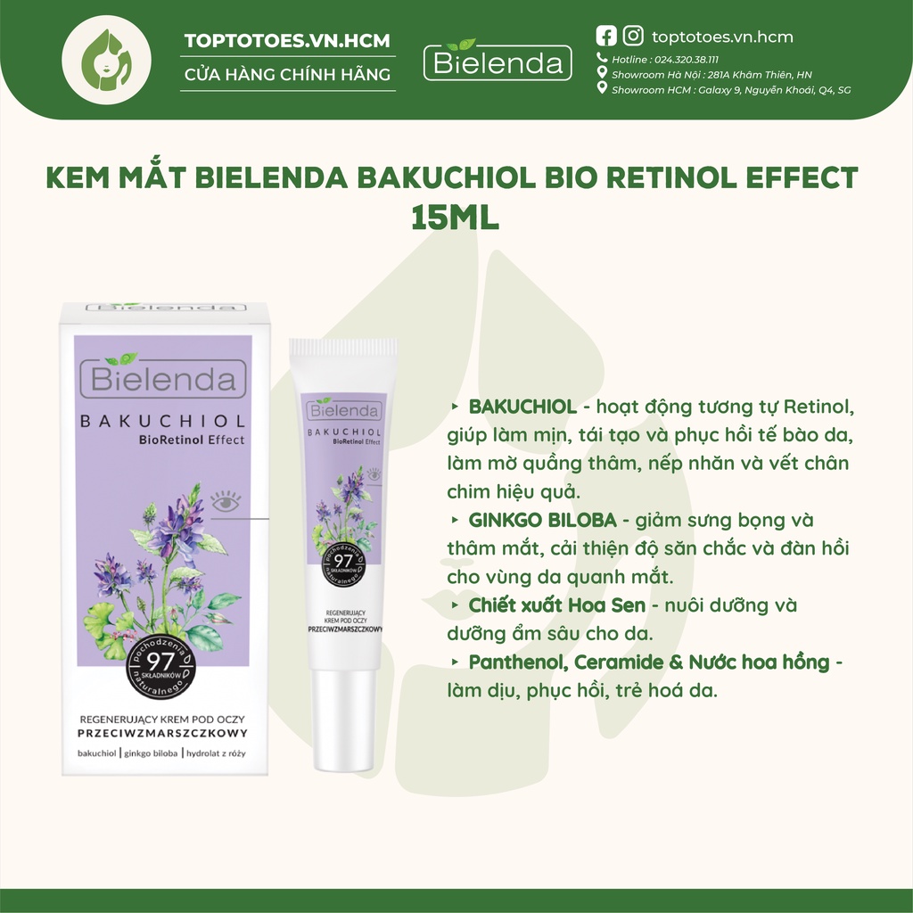 Kem mắt Bielenda Bakuchiol Bio Retinol Effect dưỡng ẩm, giảm nhăn, thâm mắt