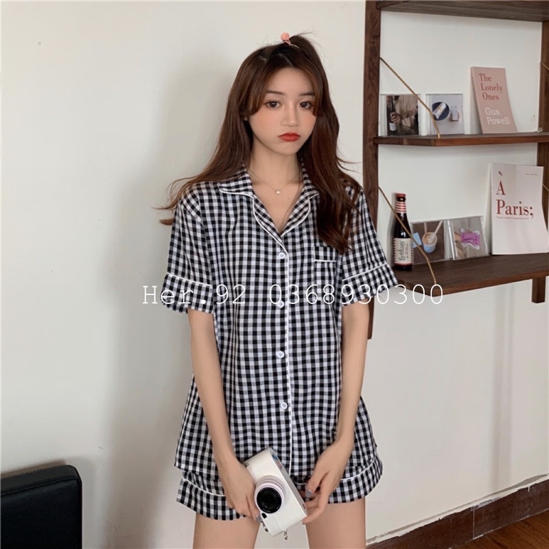 Bộ pijama kẻ ô quần đùi áo cộc mặc nhà siêu xinh đồ ngủ phong cách Hàn quốc