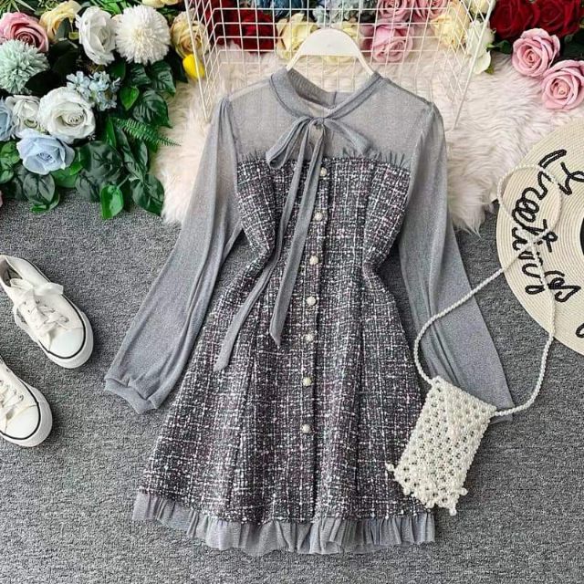 Váy Dạ Tweed Phối Nơ Cổ Xinh