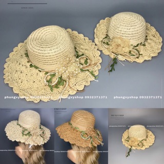 [Nón Mẹ và bé cói móc dây hoa lá]-Mũ cặp cói đi biển